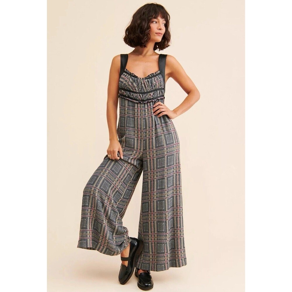 Free People NEW Jumpsuit MEDIUM Marley Plaid One‎ Piece Wide Leg Sleeveless